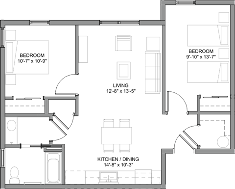 Floor plan for 2 beds, 1 bath, 824 sqft